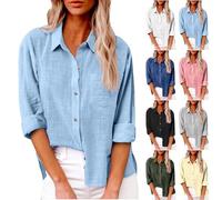 Ladies Linen Long Sleeve Tops for Women UK Sales Plus Size Casual Loose Blouses Spring Summer 2025 New Solid Color Elegant Pleated Tunic Top Button Lapel Pocket T Shirts Vacation Daily Essential Gifts