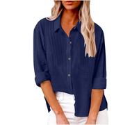 Ladies Linen Long Sleeve Tops for Women UK Sales Plus Size Casual Loose Blouses Spring Summer 2025 New Solid Color Elegant Pleated Tunic Top Button Lapel Pocket T Shirts Vacation Daily Essential Gifts