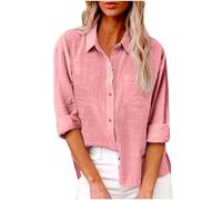 Ladies Linen Long Sleeve Tops for Women UK Sales Plus Size Casual Loose Blouses Spring Summer 2025 New Solid Color Elegant Pleated Tunic Top Button Lapel Pocket T Shirts Vacation Daily Essential Gifts