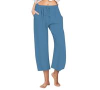 Ladies Linen Pants Wide Leg Cropped Trousers for Women UK Casual Baggy 3/4 Length Capri Pants Solid Drawstring Three Quarter Length Trousers with Pockets