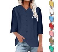 Ladies Linen Shirts UK Sale Clearance, Womens Half 3/4 Sleeve Tunic Tops Jacquard T-Shirt V Neck Blouse Button Up Shirt Solid Color Tee Shirt Plus Size Daily Comfy Tees Going Out Office Work Blouses
