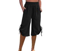Ladies Linen Shorts,Knee Length Shorts with Pockets for Women UK Stretchy Elasticated Waist Drawstring Summer Casual Shorts Loose Comfy Italian Straight Wide Leg Lounge Beach Yoga Pants Black