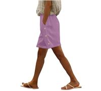 Ladies Linen Shorts Sale Clearance 2025 Summer Cotton Pull On Bermuda Shorts for Women Solid Color Elasticated Waist Short Pants Above The Knee Lounge Pants with Pockets and Side Button Design