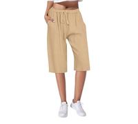 Ladies Linen Shorts UK Summer Solid Color Cotton Shorts Wide Leg Pull On Elasticated Waist Shorts Loose Casual Half Pants Comfy Beach Vacation Lounge Wear Shorts with Pockets S-3XL Khaki