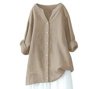 Ladies Linen Tops 2026 Summer Fashion V Neck Longline Shirt Baggy Button Down Gauze Blouses Elegant Beach Cover Ups Plus Size Casual Office Tee Comfort Henry Shirts Long Sleeved Blouse Spring