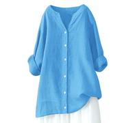 Ladies Linen Tops 2026 Summer Fashion V Neck Longline Shirt Baggy Button Down Gauze Blouses Elegant Beach Cover Ups Plus Size Casual Office Tee Comfort Henry Shirts Long Sleeved Blouse Spring