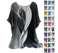 Ladies Linen Tops for Women UK Plus Size Casual Loose Leaf Butterfly Geometric Print Round Neck Short Sleeves Tops Cheesecloth T Shirts Blouse Sales Pullover Tunic Shirts Essential for Summer Vacation