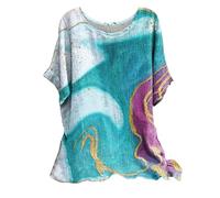 Ladies Linen Tops for Women UK Plus Size Casual Loose Leaf Butterfly Geometric Print Round Neck Short Sleeves Tops Cheesecloth T Shirts Blouse Sales Pullover Tunic Shirts Essential for Summer Vacation