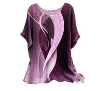 Ladies Linen Tops for Women UK Plus Size Casual Loose Leaf Butterfly Geometric Print Round Neck Short Sleeves Tops Cheesecloth T Shirts Blouse Sales Pullover Tunic Shirts Essential for Summer Vacation