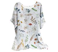 Ladies Linen Tops for Women UK Plus Size Casual Loose Leaf Butterfly Geometric Print Round Neck Short Sleeves Tops Cheesecloth T Shirts Blouse Sales Pullover Tunic Shirts Essential for Summer Vacation