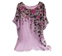 Ladies Linen Tops for Women UK Plus Size Casual Loose Leaf Butterfly Geometric Print Round Neck Short Sleeves Tops Cheesecloth T Shirts Blouse Sales Pullover Tunic Shirts Essential for Summer