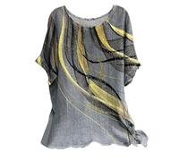 Ladies Linen Tops for Women UK Plus Size Casual Loose Leaf Butterfly Geometric Print Round Neck Short Sleeves Tops Cheesecloth T Shirts Blouse Sales Pullover Tunic Shirts Essential for Summer Vacation
