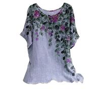 Ladies Linen Tops for Women UK Plus Size Casual Loose Leaf Butterfly Geometric Print Round Neck Short Sleeves Tops Cheesecloth T Shirts Blouse Sales Pullover Tunic Shirts Essential for Summer Vacation