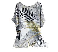 Ladies Linen Tops for Women UK Plus Size Casual Loose Leaf Butterfly Geometric Print Round Neck Short Sleeves Tops Cheesecloth T Shirts Blouse Sales Pullover Tunic Shirts Essential for Summer Vacation