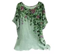 Ladies Linen Tops for Women UK Plus Size Casual Loose Leaf Butterfly Geometric Print Round Neck Short Sleeves Tops Cheesecloth T Shirts Blouse Sales Pullover Tunic Shirts Essential for Summer Vacation
