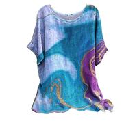 Ladies Linen Tops for Women UK Plus Size Casual Loose Leaf Butterfly Geometric Print Round Neck Short Sleeves Tops Cheesecloth T Shirts Blouse Sales Pullover Tunic Shirts Essential for Summer Vacation