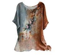 Ladies Linen Tops for Women UK Plus Size Casual Loose Leaf Butterfly Geometric Print Round Neck Short Sleeves Tops Cheesecloth T Shirts Blouse Sales Pullover Tunic Shirts Essential for Summer Vacation