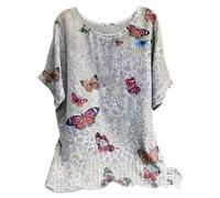 Ladies Linen Tops for Women UK Plus Size Casual Loose Leaf Butterfly Geometric Print Round Neck Short Sleeves Tops Cheesecloth T Shirts Blouse Sales Pullover Tunic Shirts Essential for Summer Vacation