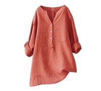Ladies Linen Tops for Women UK Plus Size Long/Short Sleeve T Shirts Summer V Neck Cotton Linen Blouses Top Tshirts Sales Solid Color Button up 2025 New Comfy Casual Loose Tunic Daily Essential Gifts