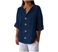 Ladies Linen Tops Oversized Summer Cotton Linen T-Shirt 3/4 Sleeve Button V Neck Tunic Tops Vacation Outifts Baggy Solid Tee Shirts Dressy Casual Blouses for Women UK Plus Size 8-22