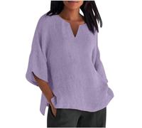 Ladies Linen Tops Solid Cotton Linen Office T Shirt My Orders Summer Women's 7 Quarter Sleeve V Neck Solid Color Loose Top T Shirt Casual Shirt (01-B-Purple, L)