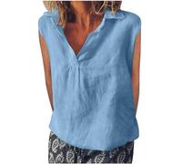 Ladies Linen Tops Summer Short Sleeve Casual Collared Blouses for Women Elegant V Neck Solid Plain Blouse Tops Classic Comfy Loose Fit Daily Going Out Work Shirts