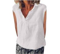 Ladies Linen Tops Summer Short Sleeve Casual Collared Blouses for Women Elegant V Neck Solid Plain Blouse Tops Classic Comfy Loose Fit Daily Going Out Work Shirts