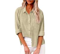 Ladies Linen Tops,Womens Cotton Linen Shirts Long Sleeve UK Oversized Button Down Summer V Neck Roll Up Collared Tee Shirt Dressy Casual Blouse Office Work Tunic Top Plus Size 8-22