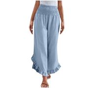 Ladies Linen Trousers Casual Ruffle Hem Elastic High Waist Summer Pants Straight Leg Beach Cotton Linen Holiday Palazzo Pants Lounge Comfy Full Length Joggers Sky Blue
