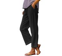 Ladies Linen Trousers Elasticated Waist Summer Loose Palazzo Lounge Pants with Pockets Elastic Waist Wide Leg Boho Trousers Ladies Casual Tracksuit Bottom Joggers A Black