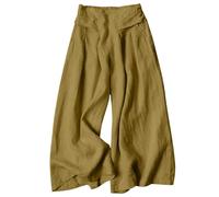 Ladies Linen Trousers - Womens Cropped Wide Leg Trousers Women's Summer Holiday Baggy Pant Lightweight Boho Palazzo Pants High Waisted Wear with Pocket Army Green,L