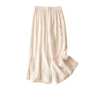 Ladies Literary Wide Leg Summer Baggy Home Thin Breathable Lightweight Elasticated Waist Cotton Embroidered Casual Chinese Style Trousers with Drawstring Beige