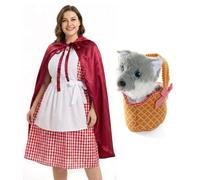 Ladies Little Red Riding Hood Costume | 5 Pcs | Dress, Apron, Cape, Soft Basket & Wolf - Medium