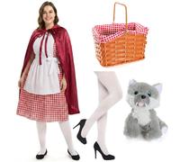 Ladies Little Red Riding Hood Costume | 6 Pcs | Dress, Apron, Cape, Tights, Basket & Wolf - Large