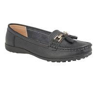 Ladies Loafers Flats Wide Leather Tassle Cushioned Casual Slip On Womens Nautical Boat Comfort Shoes (Black, UK Footwear Size System, Adult, Women, Numeric, Wide, 6)