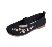 Ladies Loafers Women's Floral Embroidered Slip-On Knit Flat Loafers, Mary Jane Breathable Stretch Mesh Comfortable Platform Non-Slip Memory Foam Mom Walking Shoes Casual Walking Sneakers Black