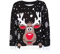 Ladies Long Christmas Knitted Reindeer Jumper, Xmas Winter Crew Neck Pullover Long Sleeve Sweater, Soft Warm Novelty Snowflake Printed Top Sweatshirt for Girls UK Size 8-26, Snowflake Black, 20-22