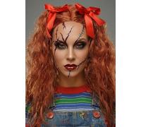 Ladies Long Curly Ginger Chucky Doll Wig with Red Bows | Chucky Doll Inspired, Elasticated Size Net, 100% Polyester, Adult's Size, Easy to Wear, Halloween Fancy Dress