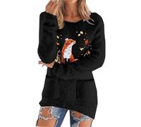 Ladies Long line Winter Jumpers A Cute Animal Printed Flannel Pullover Sweater for Ladies Sweater Warm Jumpers Black