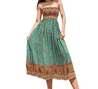Ladies Long Sheering Boobtube Bandeau Strapless Maxi Dress Womens Summer Bohemian Dresses Boho Floral Printed Elasticated Tube Tops Casual Sexy Off Shoulder Holiday Beach Maxi Party (z1-Green, L)