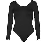 Ladies Long Sleeve Bodysuit Stretch One Piece Leotard Womens Round Crew Neck Top Black Size 12 - 14