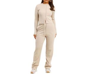 Ladies Long Sleeve Button Up Ribbed Cardigan Top And Flared Bottom Pocket Trouser Lounge Wear Tracksuit Womens Winter Wear 2pc Co Ord Set