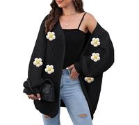 Ladies Long Sleeve Chunky Knitd Cardigans Flower Embroidered Cardigan Sweater Loose Knitted Cardigans Tops Handmade 3D Knitting Jumper Coats Daily Wear Black