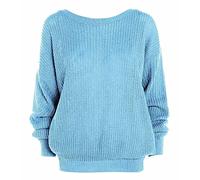 Ladies Long Sleeve Fishnet Knitted Sweatshirt Top Baggy Thick Sweater Womens Casual Wear Oversized Plain Jumper Sky Blue UK 18-20