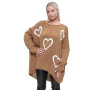Ladies Long Sleeve Jumper Big Heart Pattern Knitted Sweater Loose Fit Sweatshirt Top Womens Plus Size Tunics Loungewear Pullover Baggy Shirt Winter Warm Top (Camel UK 16-18)