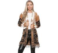 Ladies Long Sleeve Kimono Style Chunky Yarn/Cable Knitted Tassel Fringe Cardigans Women's Aztec Design Pattern Long Open Front Knit Plus Size Cardigans (Stone, UK 12)