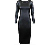 Ladies Long Sleeve Round Neck Wet Look Party Wear Bodycon Knee Long Dress Womens PVC Faux Leather Stretchy Pullover Sexy Pencil Midi Dress Top Black