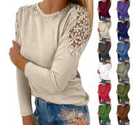 Ladies Long Sleeve T Shirt Elegant Hollow Stitching Long Sleeved Round Neck T Shirts Floral Lace Patchwork Crewneck Tops Solid Color Casual Slim-Fit Blouse Blue
