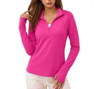 Ladies Long Sleeve Tops Mock Neck Quarter Zip Shirts Solid Color Stretchy Quick Dry Top Breathable Workout Running Athletic Gym Shirt Sun Protection Outdoor Casual Active Tops Hot Pink