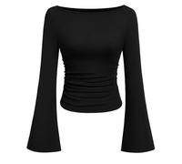 Ladies Long Sleeve Tops Off The Shoulder Flared Sleeves Slim Fit Womens Long Sleeve T Shirts Going Out Crop Tops for Women Ruched Waist Basic Blouse Base Layer Undershirt Black, L